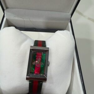 Gucci Rectangular Silver Watch with Green and Red Accents